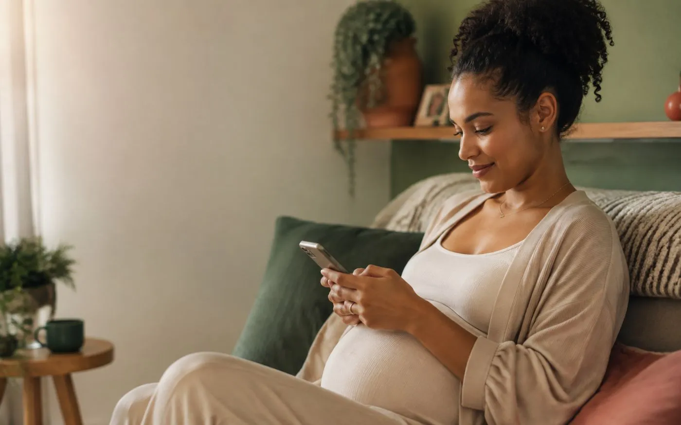 Mulher grávida sentada em um sofá, com o celular nas mãos, em um ambiente tranquilo