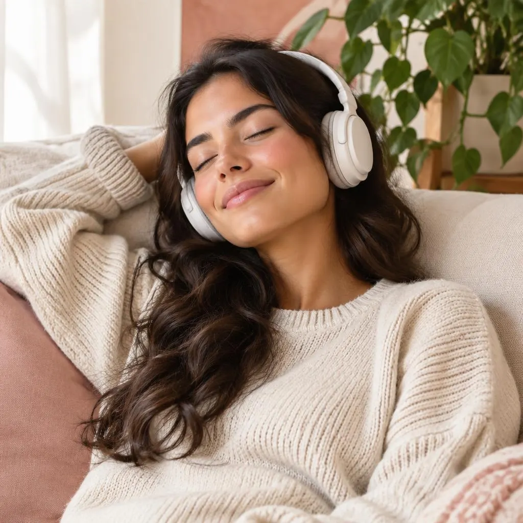 Mulher relaxando no sofá de olhos fechados, ouvindo um áudio com fones